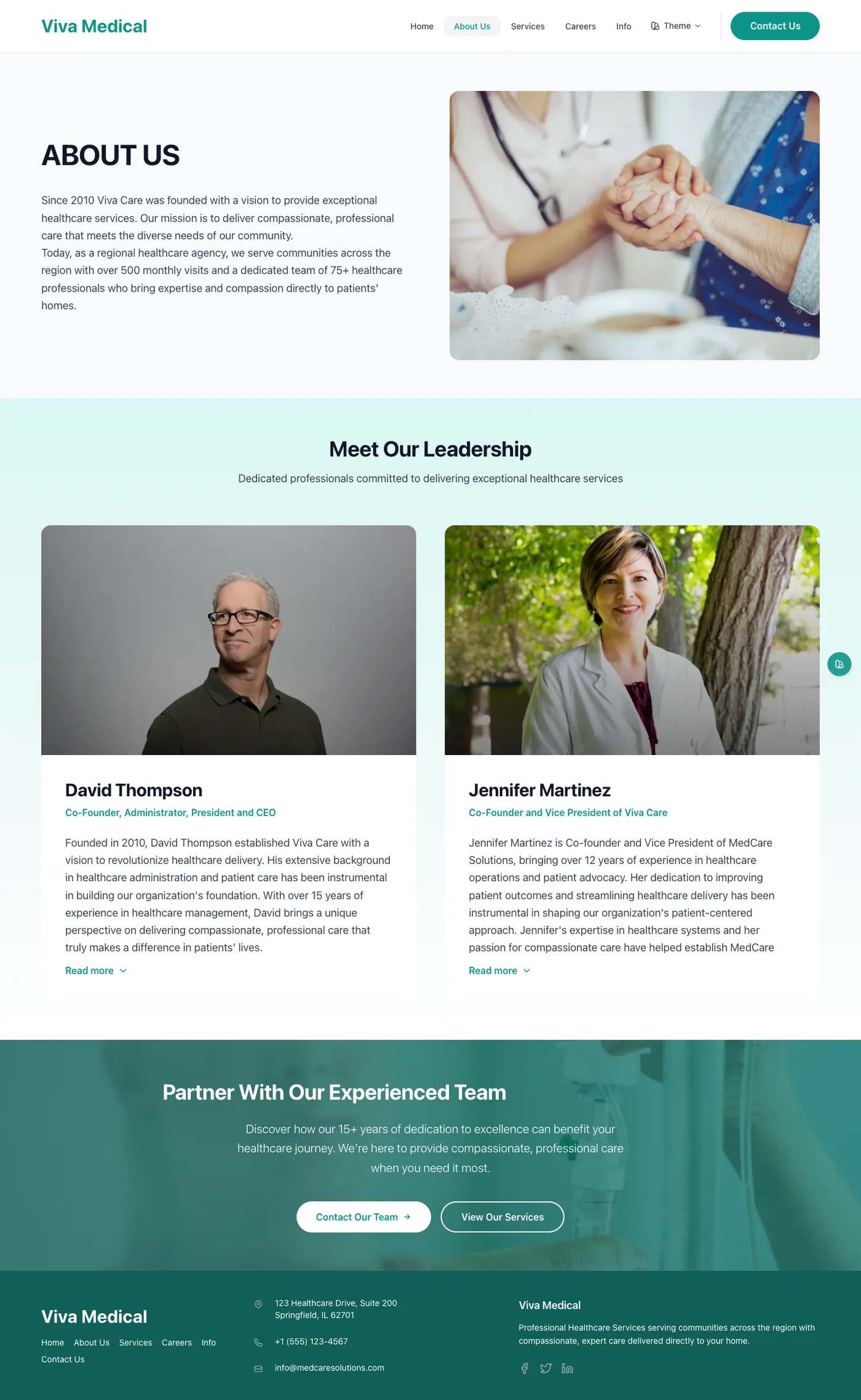 Leadership bios and the practice's story, cleanly laid out.