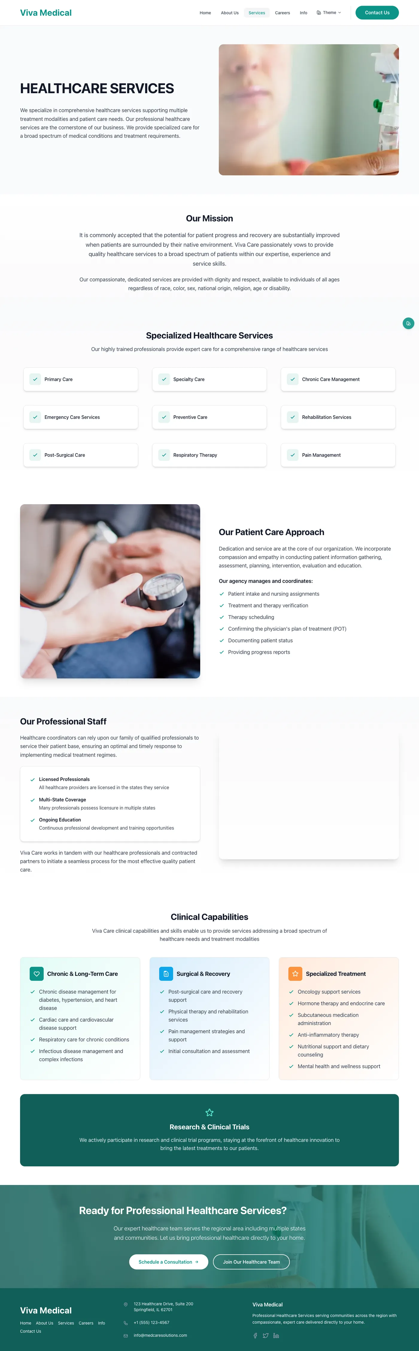 A detailed services page covering clinical capabilities and care approach.